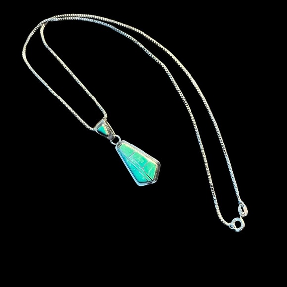 Southwest Sterling Silver 925 Turquoise Inlay Pendant And Sterling Chain 17” - Picture 2 of 6